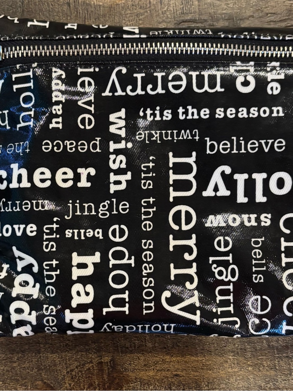 Brighton Black and White Holiday words Wristlet Bag with red interior